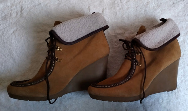 Vintage Tan Suede Wedge Booties with Faux Shearling