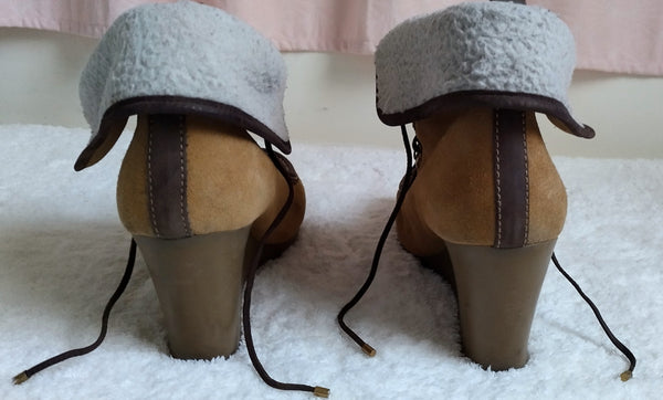 Vintage Tan Suede Wedge Booties with Faux Shearling
